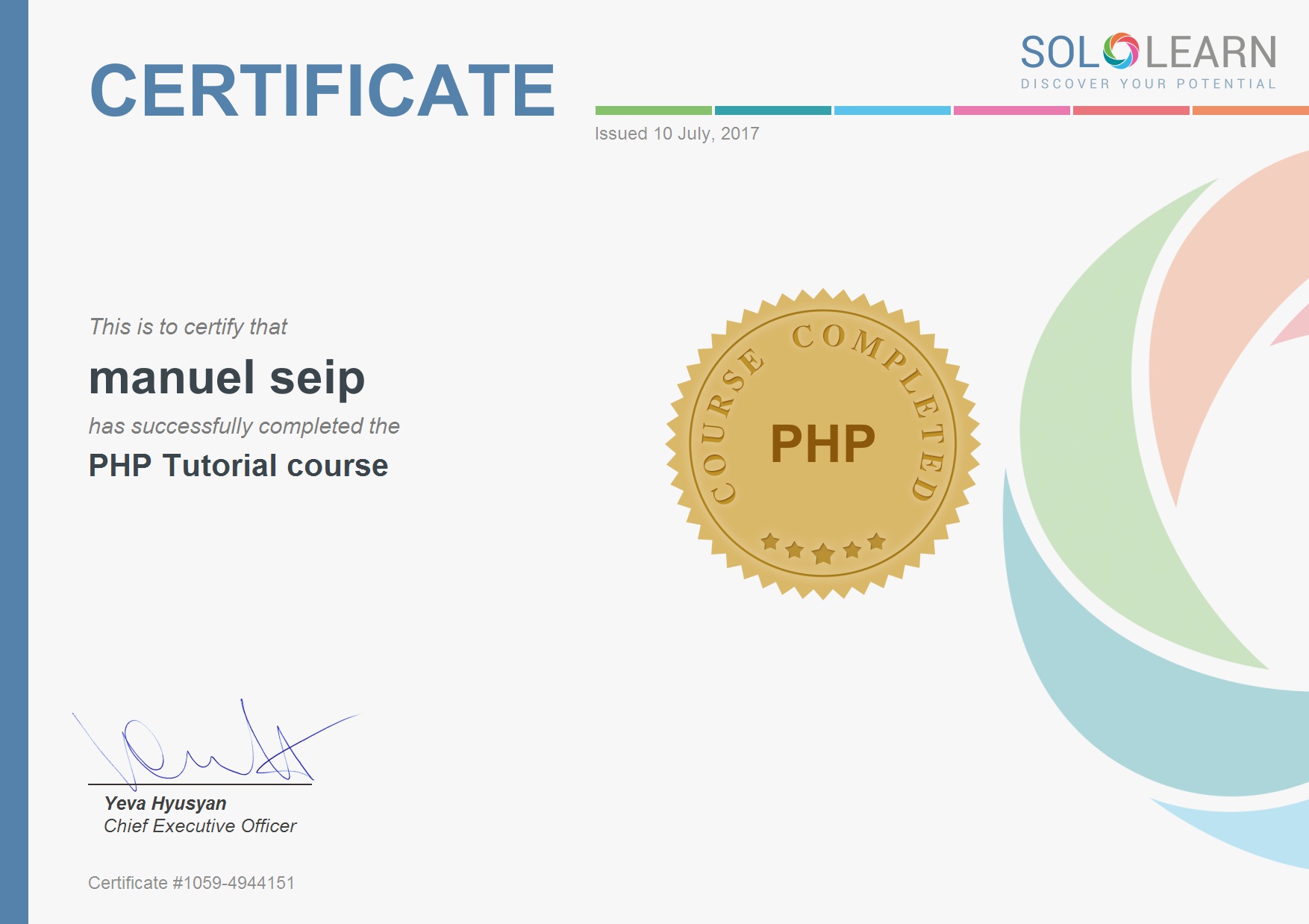 PHP Tutorial Course Certificate from SoloLearn